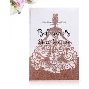 25PCS Rose Gold Glitter Crown Invitation Cards, Sweet 16 Laser Cut Invitations